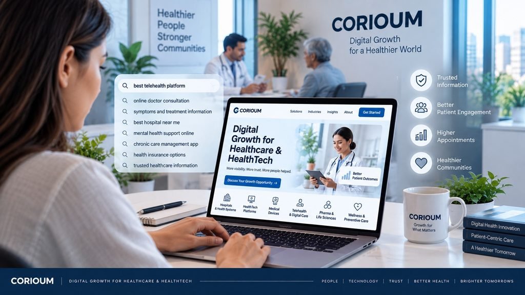 Healthcare decision-maker researching healthcare solutions and HealthTech services online