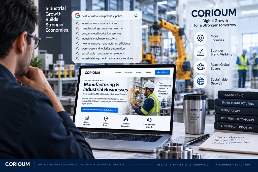 Manufacturing professional researching industrial equipment and digital growth solutions online