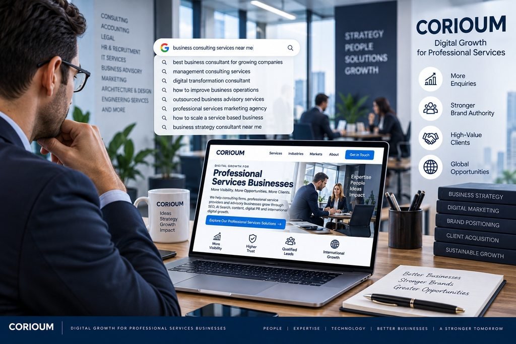 Professional services consultant researching business growth and digital solutions online
