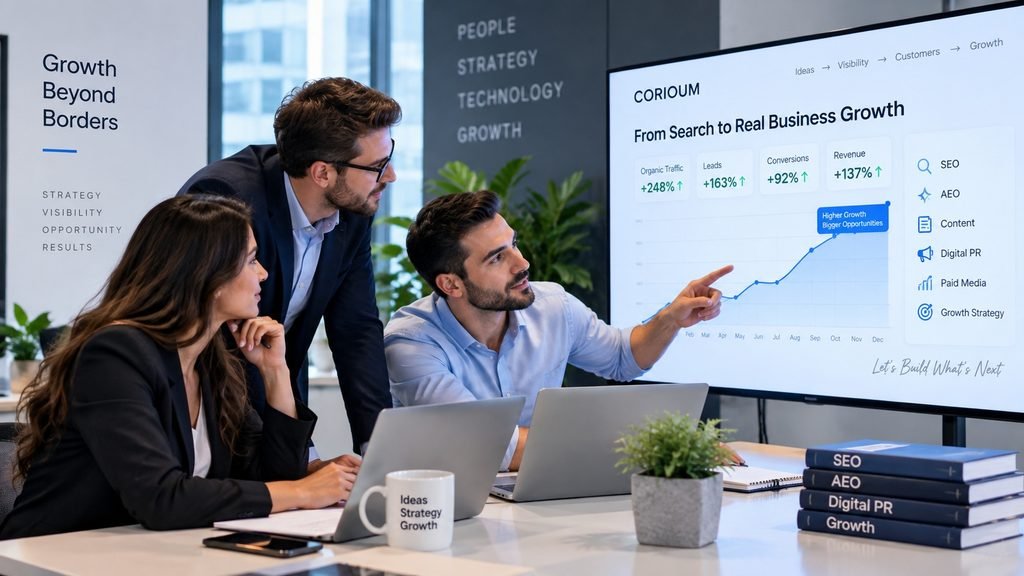 Business team reviewing digital growth strategy and search performance