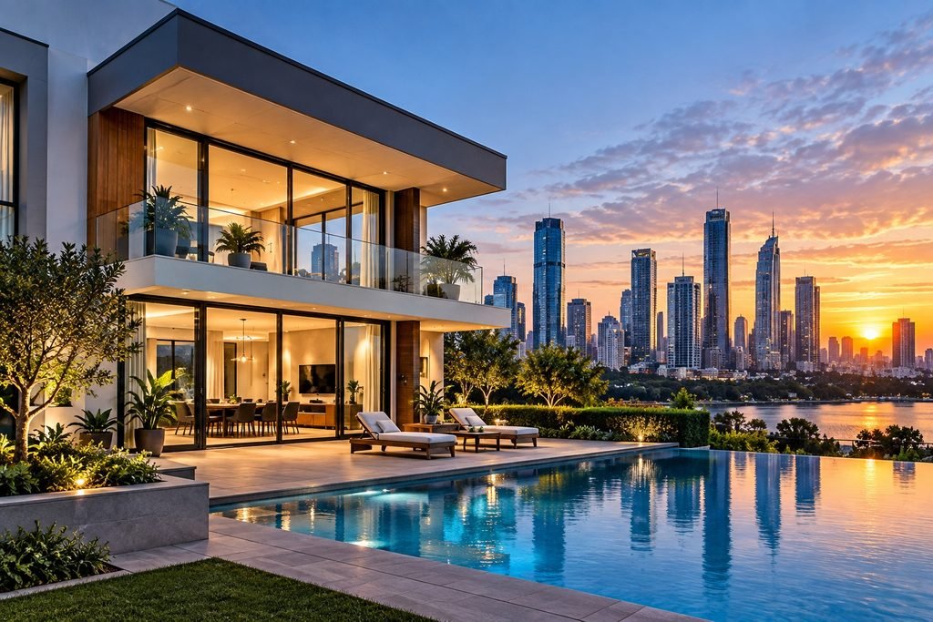 “Modern luxury home overlooking a city skyline and waterfront”