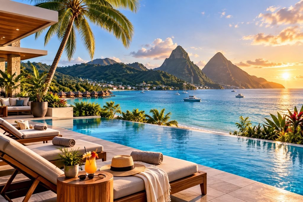 “Luxury tropical resort with infinity pool and ocean destination view”
