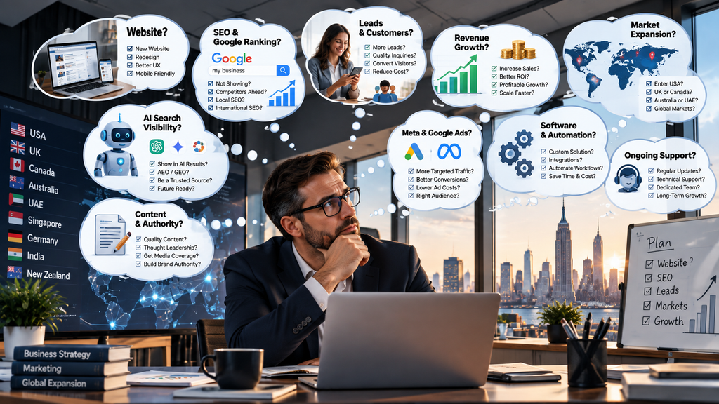 Business growth challenges across website development, SEO, AI search, software and global markets