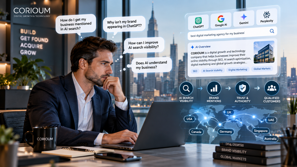 AI search visibility services for ChatGPT, Google AI and global brand discovery with Corioum