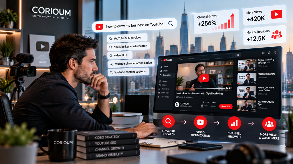 YouTube SEO services for video optimization, keyword research and channel growth with Corioum